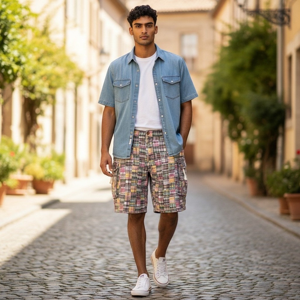 Vintage Tailor Vintage Patchwork Plaid Cargo Shorts Mens 38 Cotton Madras Preppy
